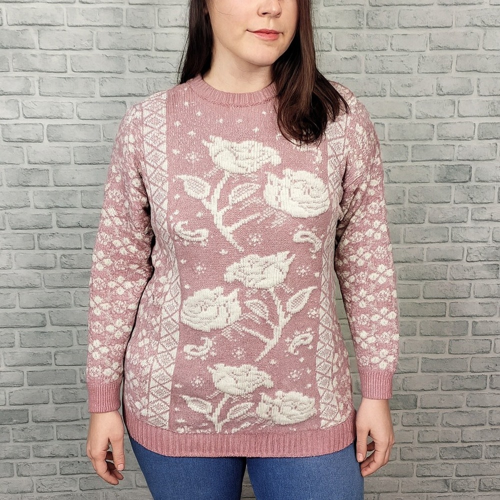 Vintage 80s Private Eyes M Floral Knit Sweater Pink White Rose Pattern Lurex USA